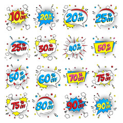 Comic lettering percents off SALE in the speech bubble comic style flat design set. Retro vintage pop art illustration isolated on white background. Exclamation sticker or label store or shop.