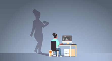 african american woman architect sitting at workplace overworked engineer dreaming about coffee break shadow of girl with cup imagination aspiration concept horizontal full length