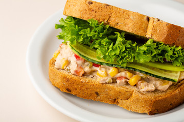 Sandwich with tuna and vegetables close-up