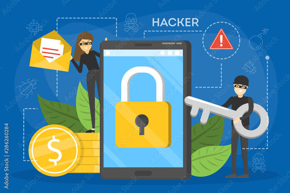 Poster hacker concept. stealing digital data from the mobile