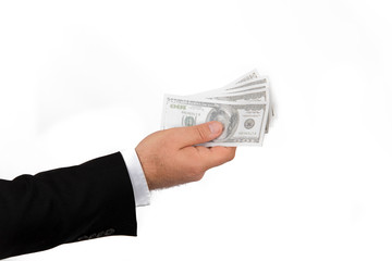 Businessman hand with money, United stage dollar bill; clipping path - isolated on white