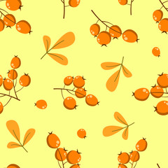 Vector floral seamless pattern with sea ​​buckthorn and leaves. Floral design for fabric, wallpaper, textile, web design.