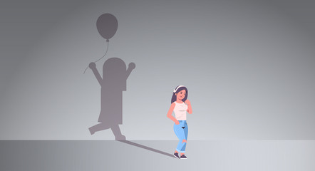 woman dreaming about being a child shadow of little girl with air balloon imagination aspiration concept female cartoon character standing pose full length flat horizontal