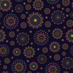 Seamless mandala pattern in shades of gold, navy, purple and turquoise.