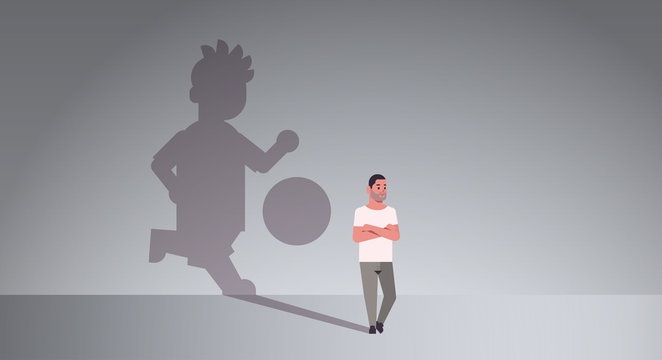 casual man dreaming about playing football guy and shadow of player with ball imagination aspiration concept male cartoon character standing pose full length flat horizontal