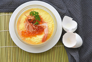 Steamed Egg topping with shrimps and Caviar (Thai name is Kai thoon Kung). Children egg menu for healthy