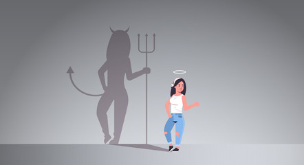 girl with nimbus choosing between good and evil shadow of devil imagination aspiration concept female cartoon character standing pose full length flat horizontal