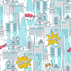 Comic book city vector cartoon seamless pattern. Vintage superhero action texture. Skyscrapers and fight bubbles decorative background. Childish wallpaper, wrapping paper, textile design © AngellozOlga