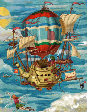 Teapot, magic, fantasy, fantasy, dream, imagination, fairy tale, myth, children, literature and art, illustration, spaceship, sky, elves, clouds,