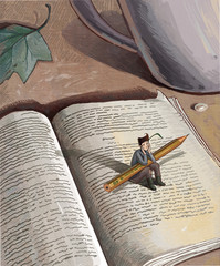 Boys, girls, literature and art, small and fresh, beautiful women, micro, worry, worry, pencil, study, meditation, daze, adolescence, adolescence, sigh, negative, depression, anxiety, hesitation, illu