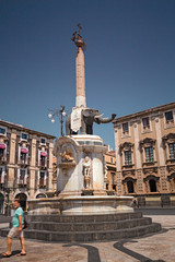 Fototapeta na wymiar Panoramic view of Duomo square, with the elephant fountain in Catania in Sicily, Italy.