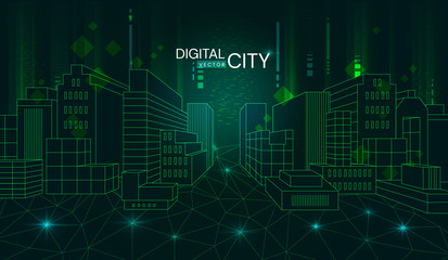 Illuminated night scene of a Digital City with modern skyscrapers in twilight green tones with text in a vector panorama banner