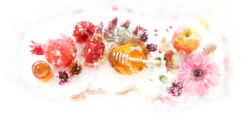 watercolor style and abstract image of Rosh hashanah (jewish New Year holiday) concept. Traditional symbols