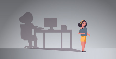 Fototapeta na wymiar girl dreaming about being freelancer shadow of woman working on computer at workplace imagination aspiration concept female cartoon character full length flat horizontal