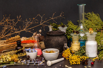 Halloween concept. Alchemy laboratory of the witch