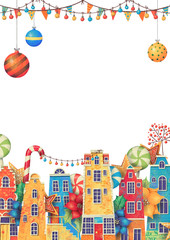 Rectangle christmas frame for card or invitation with houses, poinsettia, lollipop, candy, garland, balls, berry. Hand drawn illustration.