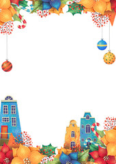 Rectangle christmas frame for card or invitation with houses, poinsettia, lollipop, candy, balls, berry. Hand drawn illustration.
