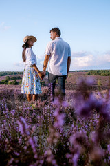 young couple visiting the blooming Heather field Posbank Veluwezoom in the Netherlands, purpple...