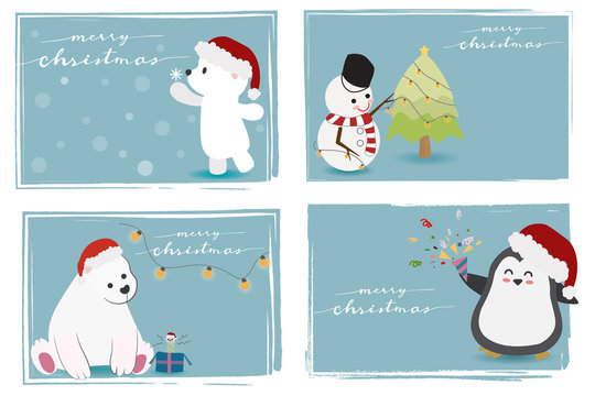 cute christmas animals and snowman with merry christmas calligraphy eps10 vector illustration