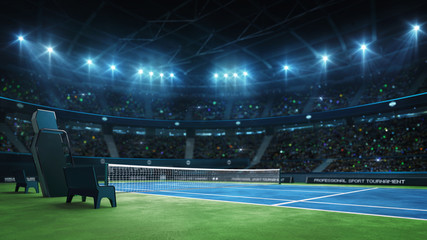 Blue tennis court and illuminated indoor arena with fans, court corner view, professional tennis sport 3d illustration background