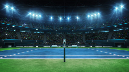 Blue tennis court and illuminated indoor arena with fans, referee side view, professional tennis sport 3d illustration background - obrazy, fototapety, plakaty