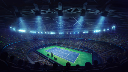 Modern tennis arena illuminated by spotlights, blue court and fans, upper perspective view, professional tennis sport 3d illustration background © LeArchitecto