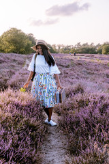young girl with dress and hat visiting the blooming Heather field Posbank Veluwezoom in the Netherlands, purpple hills with blooming flowers