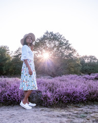young girl with dress and hat visiting the blooming Heather field Posbank Veluwezoom in the Netherlands, purpple hills with blooming flowers