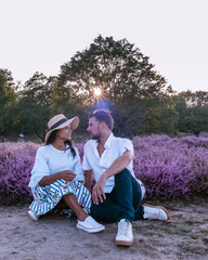 young couple visiting the blooming Heather field Posbank Veluwezoom in the Netherlands, purpple hills with blooming flowers