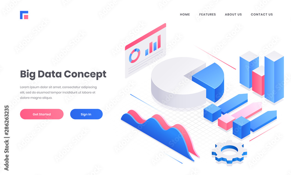 Poster big data concept website poster or landing page design with 3d infographic elements on white backgro