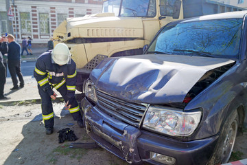 car and truck big cars crashed, accident on the road in the city		