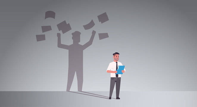 busy businessman holding folder shadow of business man throwing paper documents overvorked aspiration imagination concept male cartoon character standing pose full length flat horizontal