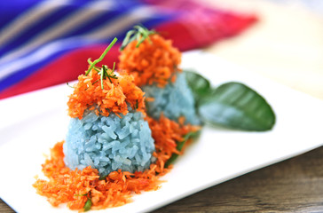 Purple Sweet Sticky Rice with Flavor Shrimps Desert (Thai  name is  Khao Neeo Na Kung)
