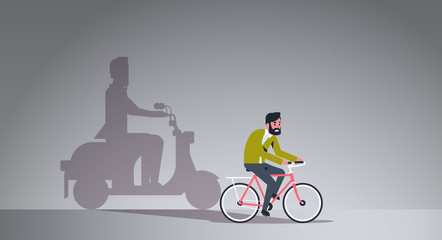 casual guy riding bike shadow of man on motor scooter imagination aspiration concept male cartoon character full length flat horizontal