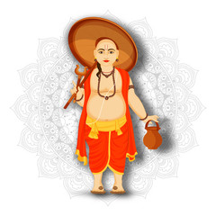 Illustration of Vamana character holding umbrella on mandala pattern background for Happy Onam Festival celebration.