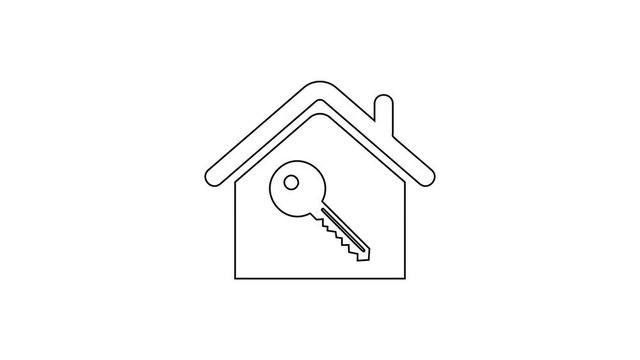 Black House with key line icon on white background. The concept of the house turnkey. 4K Video motion graphic animation