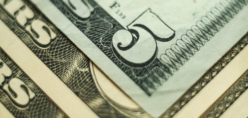 Five american, us dollars banknote close up.