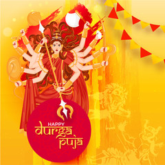 Creative poster or template design with illustration of Hindu Mythological Goddess Durga for Happy Durga Puja celebration concept.