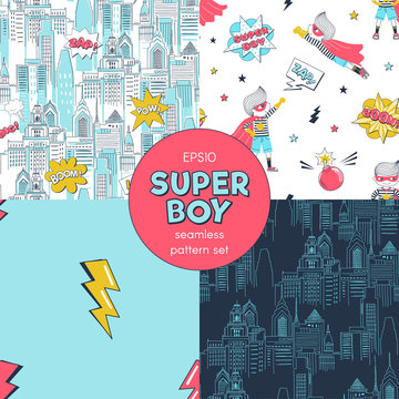 Super boy comic book seamless patterns set. City with fight bubbles, superhero kids and lightning bolts cartoon textures pack. Little heroes hand drawn backgrounds. Wallpaper, wrapping paper designs