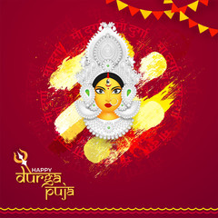 Happy Durga Puja greeting card design with illustration of Goddess Durga Face on red hindi text Maa Durga background.