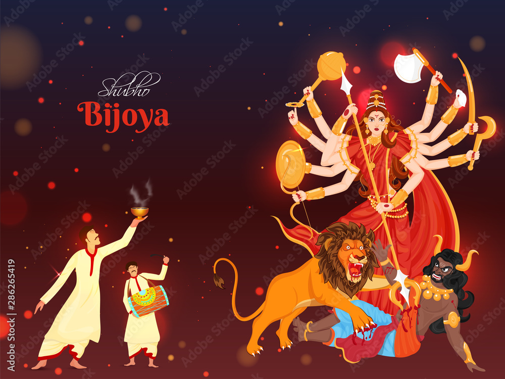 Canvas Prints Illustration of Hindu Mythological Goddess Durga and dancing Bengali men character on the occasion of Shubho Bijoya. Can be used as banner or poster design.