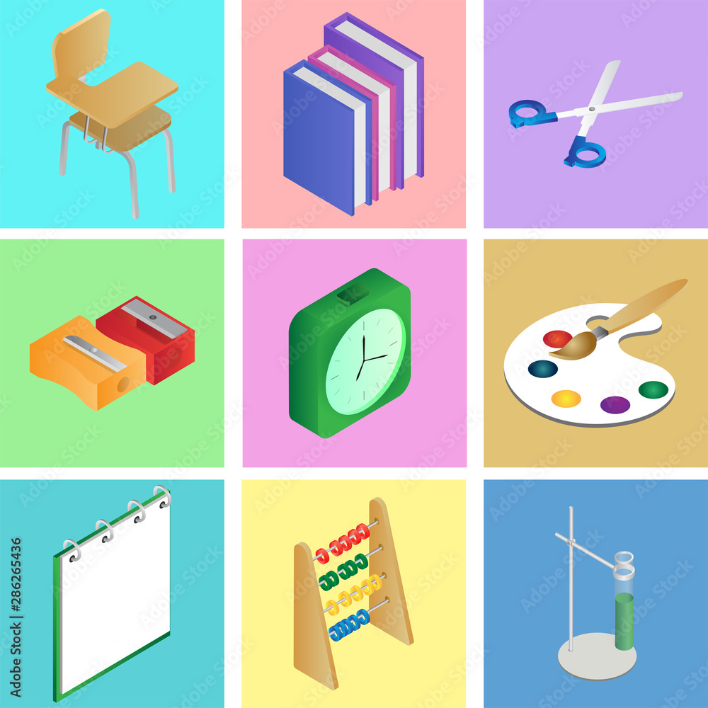 Poster set of 3d school elements on different color background.