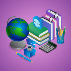 Isometric illustration of education or office element like as world globe, books, pen holder, calculator, alarm clock on purple background.