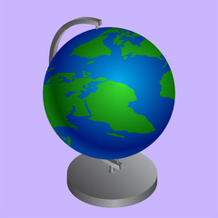 Realistic world globe stand on purple background.