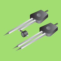 Realistic drawing compass on green background.