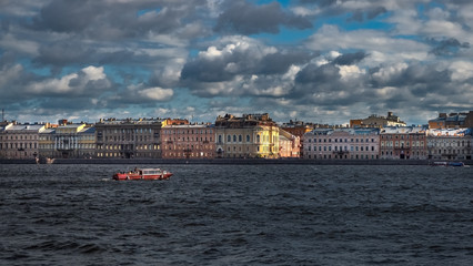 Beautiful landscape with floating passenger ship on the Neva river in St. Petersburg. Russia.