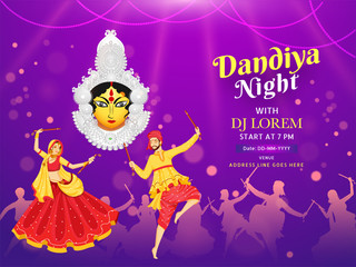 Dandiya Night DJ party banner or poster design, illustration of couple dancing with dandiya stick on shiny purple bokeh lighting background for Shubh Navratri celebration concept.