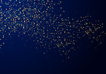 Abstract falling particles golden glitter lights texture on a dark blue background with lighting.