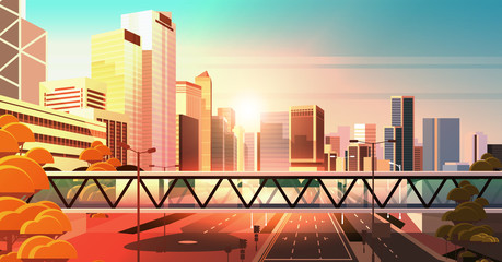 footbridge over highway asphalt road with marking arrows traffic signs city skyline modern skyscrapers cityscape sunset background flat horizontal
