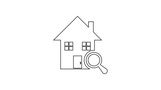 Black Search house line icon on white background. Real estate symbol of a house under magnifying glass. 4K Video motion graphic animation